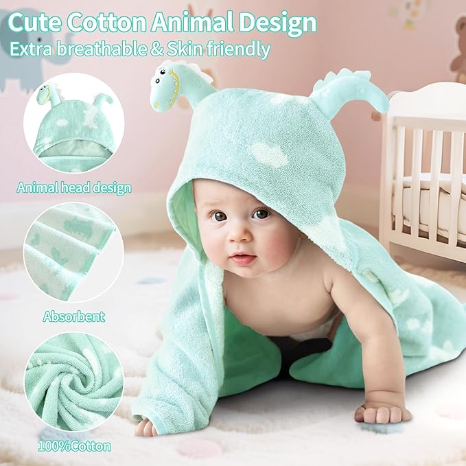 VOOVA & MOVAS Thick Baby Hooded Bath Towel - 100% Cotton,400GSM, 30.5x36 Inches,0-2Years, Super Absorbent Large Towel with Cute Dino Hood for Newborn, Baby, Infant, Baby Essentials,Dino