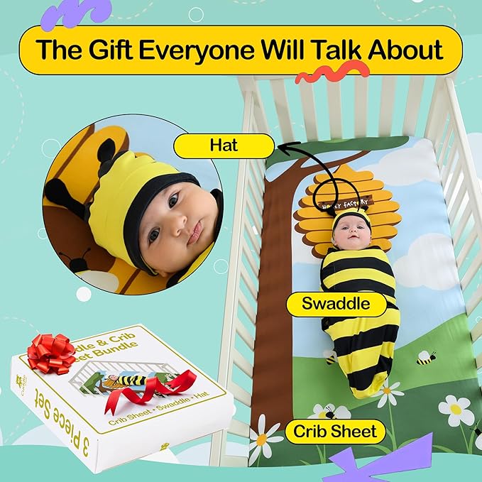 Cuddle Club Newborn Swaddle Gift Set – Includes Swaddle Blanket, Hat & Crib Sheet in Fun Styles – For Baby Boys & Girls