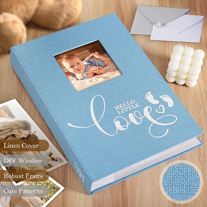 Lanpn Baby Photo Album 4x6 300 Pockets, Linen Hardcover Newborn Memory Book with Memo Writing Area, Bebe Photobook, Slip-in Picture Book, Ultrasound Album Keepsake Gifts for Boy Baby Shower Blue