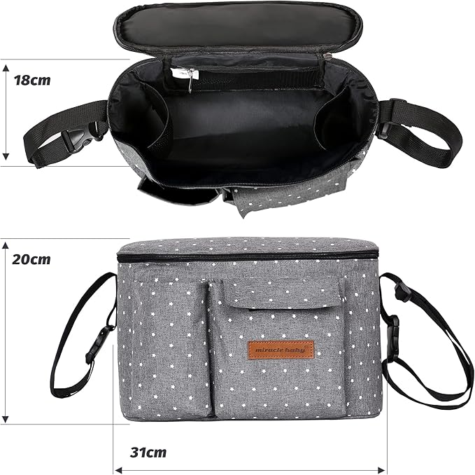 Miracle Baby Stroller Organizer Bag for Mom,Universal Stroller Storage Caddy Diaper Bag- Compatible with Most Stroller - Multifunctional Larg(Gray White Star)
