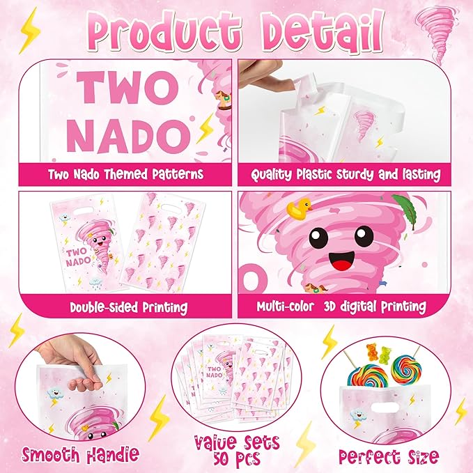 Two Nado Party Favor Bags - 50Pcs Pink Tornado Patterns Goody Candy Treat Gifts Bags, Cute Two Nado Themed Kid Party Decorations for Baby Girls Boys 2nd Birthday Baby Shower Supplies