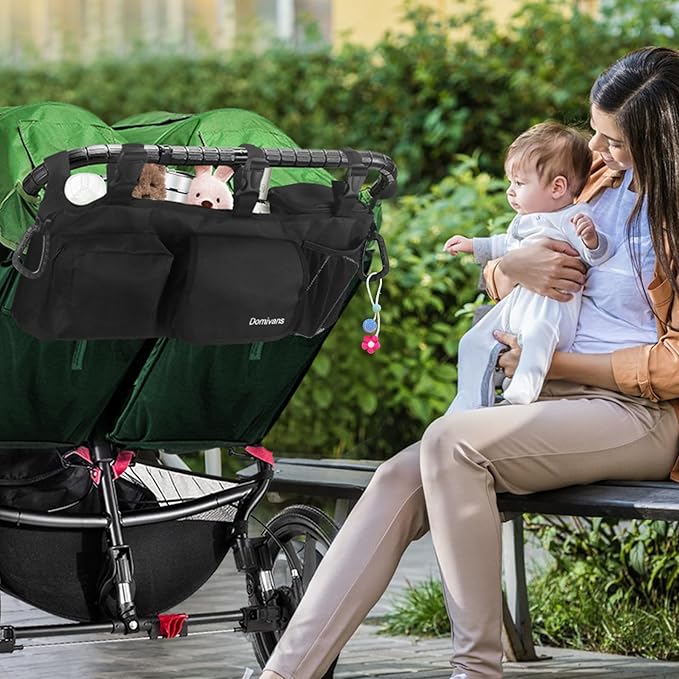 Double Stroller Organizer,Double Stroller Caddy for Bob Duallie and Baby Jogger City Mini GT2,Extra Large Double Baby Stroller Accessories with Cup Holder,Black(Empty Bag)