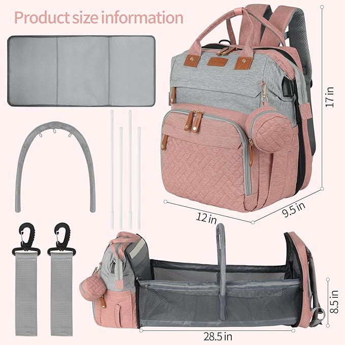 large diaper bag backpack,baby bag with changing station for Boys Girls,Multifunctional Diaper Bag,Mommy Bag With USB Charging Port(Pink Grey)