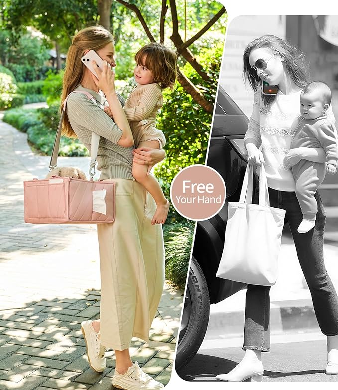 Diaper Caddy Organizer for Baby Essentials – Soft Blush Pink Storage Basket with Compartments, Shoulder Strap & Stroller Hooks – All-in-One Multifunctional Diaper Storage Tote for Nursery & Car