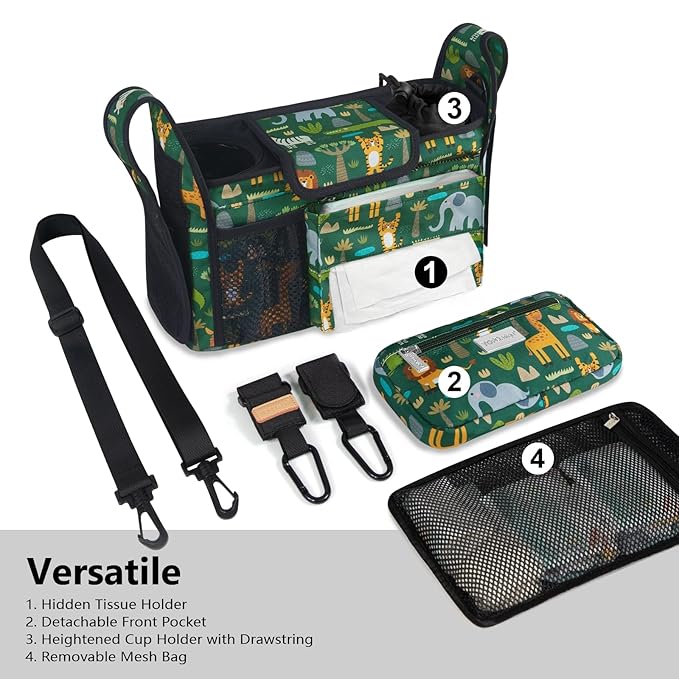 TOPDesign Universal Baby Stroller Organizer, Stroller Caddy with Detachable Mesh Bag & Heightened Insulated Cup Holders & Non-Slip Secure Hooks Accessories, Fits Most Strollers (Zoo 2)