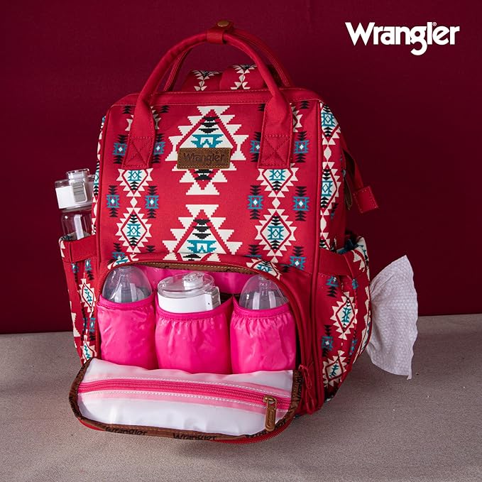Wrangler Diaper Bag Backpack Aztec Travel Backpack Purses Western Multi-Function Baby Bags for Mom with Waterproof Insulated Pockets