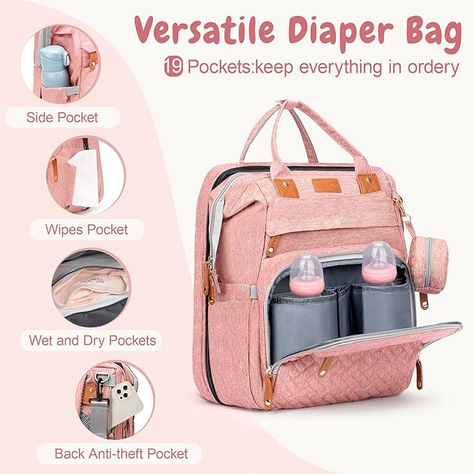 JOYCE Diaper Bag, with Diaper Changing Station, Multi-functional Large-capacity Diaper Bag Backpack, Best Gift for Newborns, Travel Essentials Diaper Bag Backpack (Pink)