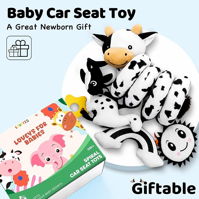 Spiral Car Seat Baby Toys 0-6 Months, Infant Carseat High Contrast Sensory Toys Hanging Stroller Accessories, Newborn Gifts for Baby Boys Girls Essentials Stuff, Cute Black and White Cow