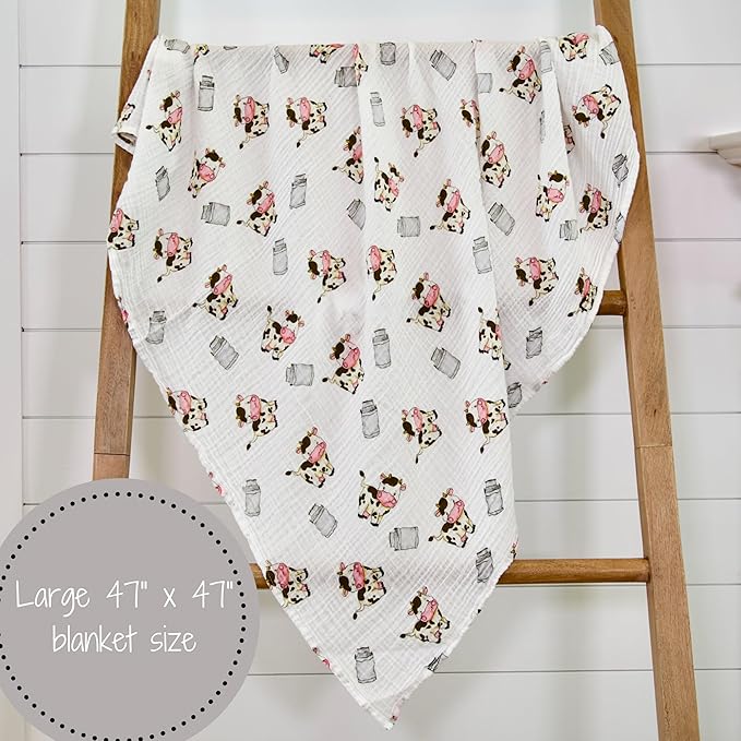LollyBanks Baby Swaddle Blanket, 100% Muslin Cotton Muslin Blankets for Boys and Girls, Large 47 x 47 Inches Soft and Breathable Swaddles for Newborns, Gentle Baby Wrap Swaddle, Registry (Cow Print)