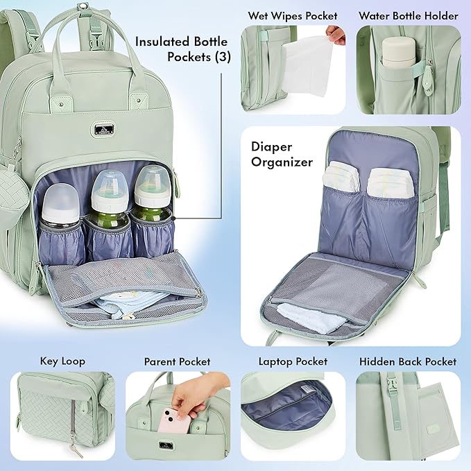 Dikaslon Diaper Bag Backpack with Portable Changing Pad, Pacifier Case and Stroller Straps, Large Unisex Baby Bags for Boys Girls, Multipurpose Travel Back Pack for Moms Dads, Mint Green