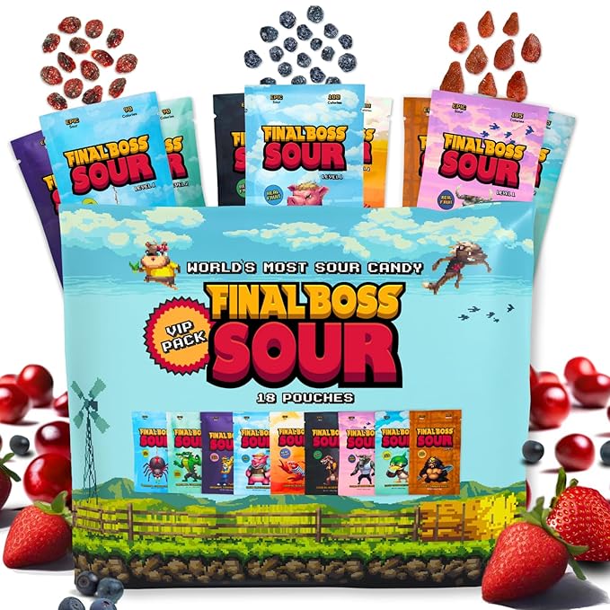 Final Boss Sour Candy Variety Pack, Natural Fruit Chews with Dried Fruit, Cane Sugar & Sunflower Oil, All Sour Levels, Low Calorie Healthy Snack for Kids, Teens, Adults, Lunch Boxes & On The Go, 18 Pack