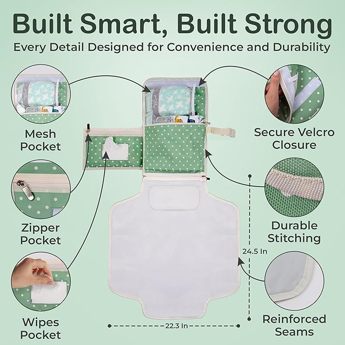 Portable Diaper Changing Pad - Newborn Essentials, Waterproof, Extra Wide & Long, Padded Foldable Wipeable Mat, Travel Bag, Baby Registry Gift, Wipes Pocket, Eco-Friendly (Green)