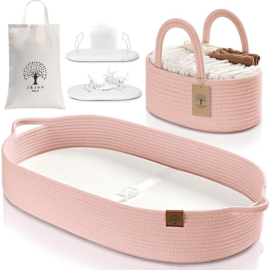 J&JOO Baby Changing Basket includes Diaper Caddy - Breathable & Waterproof Dual-Cover, Portable, Changing Pad for Dresser & Changing Table, Gift for Baby Shower (Coral Pink, Diaper Caddy Set)