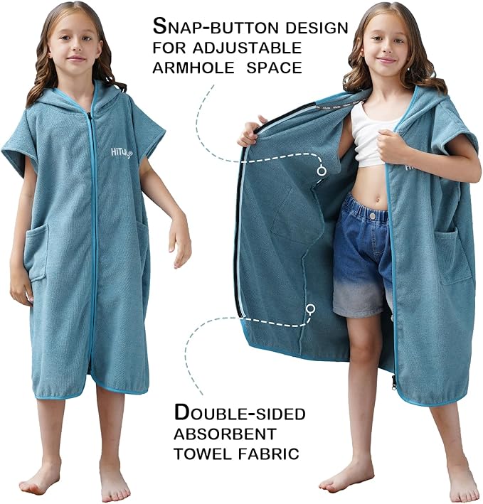 Hiturbo Kids Bath Towel Hoodie: Absorbent Quick Dry Zipper Surf Poncho - Changing Towels Swimming Outerwear (Blue)