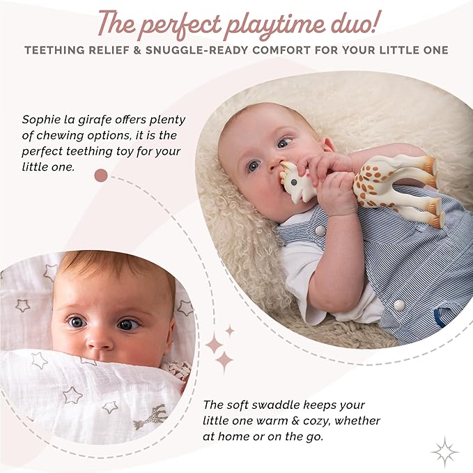 Sophie la girafe Tenderness Creation Birth Set #2 | Handcrafted for 60 Years in France | Gift Set Includes Gift Bag, Card, Sophie la girafe & 100% Cotton Swaddle