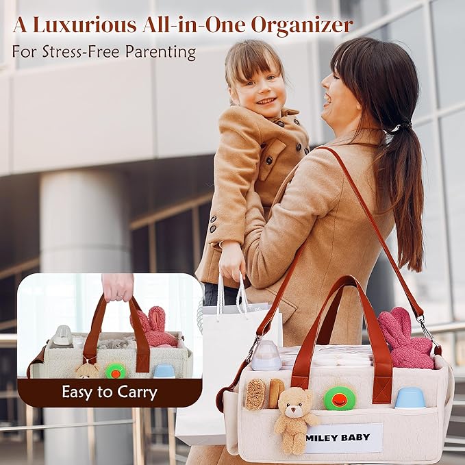 SMILEY BABY Nappy Caddy Organizer, Newborn Essentials & Car Diaper Caddy, Portable Nursery Storage Basket with Detachable Compartments, Baby Shower Gifts and Registry Must Haves for Boy or Girl