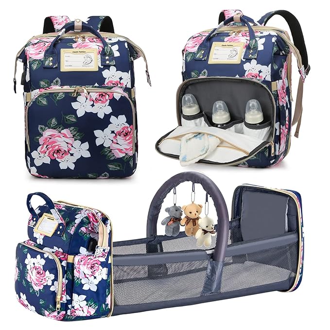 Diaper Bag Backpack with Changing Station, Foldable for Bady Toddler, 3 in 1 Large Capacity Newborn Essentials Organizer with Stroller Hook for Girls and Boys(Blue)