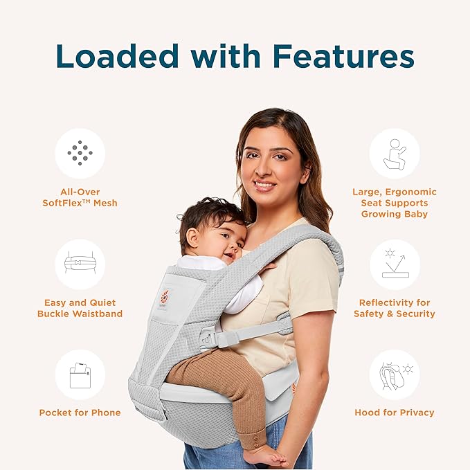 Ergobaby Alta 2-in1 Hip Seat and Carrier - All-Position Breathable Mesh Baby Carrier for 4-48 Months (12lbs - 45lbs) - Breathable Baby Carriers for Summer - SoftFlex™ Mesh - Pearl Grey