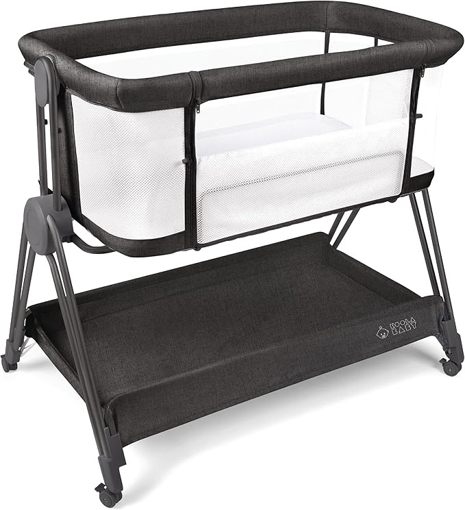 Baby Bedside Sleeper - Bassinet & Bedside Crib with Height Adjustment & Wheels - Can Be Placed Next to Bed - Attaches to Parents Bed - Easy to Fold & Carry Bassinet (Grey)