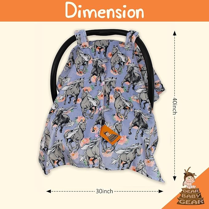 Dear Baby Gear Car Seat Cover for Boys & Girls - Baby Carseat Canopy w/Snap Opening - Infant Seat Cover - Stroller & Nursing Covers - Newborn Carrier Canopy - 40x30(Gray Horses Lavender Pink Floral)