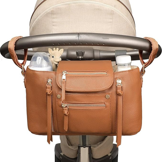 Miss Fong Stroller Organizer with Insulated Cup Holder - Stroller Accessory Bag, Caddy, Diaper Bag, Storage with Adjustable Strap (Brown)
