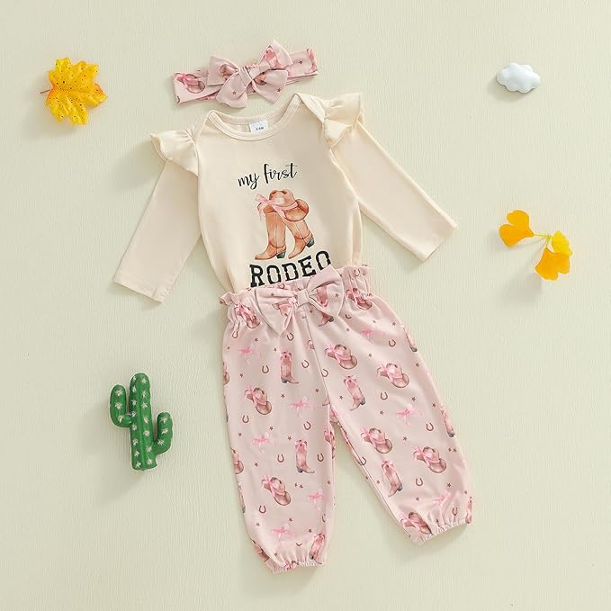 Fernvia Western Newborn Baby Girl Clothes Long Sleeve Letter Print Romper Animal Print Pants Headband 3Pcs Outfits Sets