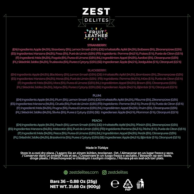 Fruit Snacks by Zest Delites, Fruit Leather, Healthy Snacks for Adults & Kids, Vegan Apple-Based Strips, Dried Strawberry-Peach-Blackberry-Plum Bars, 0.88 oz x 36