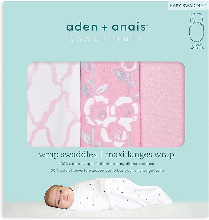 aden + anais Essentials Easy Swaddle Wrap Quick Change with Bottom Zipper, Snug Cotton Knit Baby Wrap Swaddle Blanket for Newborns, TOG 1.0, 3-Pack, Pink Stencil, 0-3 Months, Small/Medium
