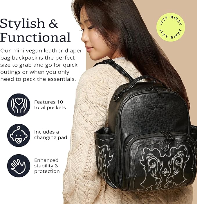 Itzy Ritzy Mini Diaper Bag Backpack – Chic, Compact Mini Plus Backpack with Changing Pad, 10 Pockets (6 Internal, 4 External), Grab-Top Handle & Rubber Feet (Outlaw)