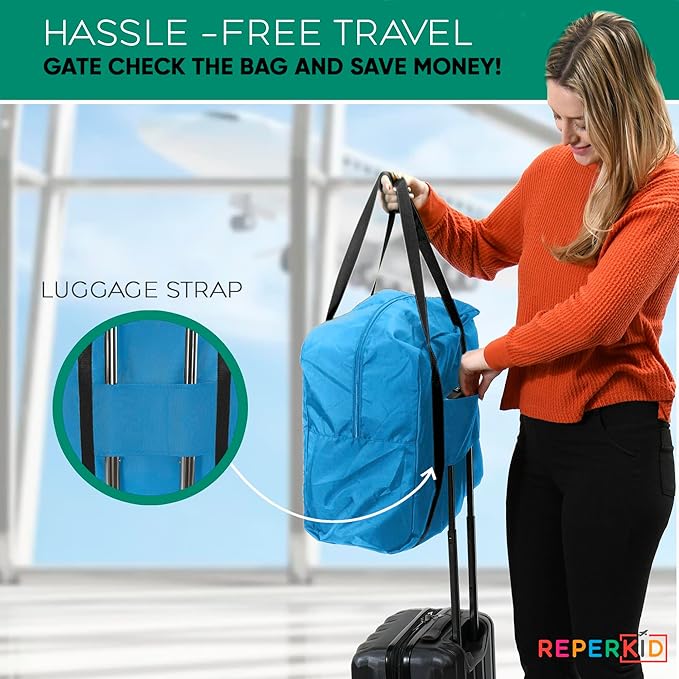 Reperkid Booster Seat Travel Bag for Airplane, Blue, 17" H x 16.5" W x 9.5" D, Compatible with Gb Pockit Stroller and Most Boosters– Premium Waterproof Cover, Hand Bag Design, Durable Zipper