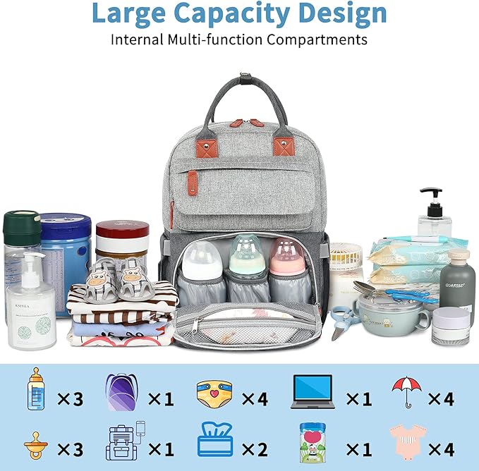 Diaper Bag Backpack, Baby Bag for Boys Girls, Large Diaper Backpack Travel Diaper Bags with Insulated Pockets Baby Registry Search Shower Gifts Newborn Essentials for Mom Dad, Waterproof Grey