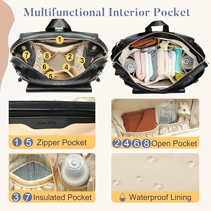 Miss Fong Leather Diaper Backpack - Baby Diaper Bag with 13 Pockets, Changing Pad, Stroller Straps, 4 Insulated Pockets (Black)