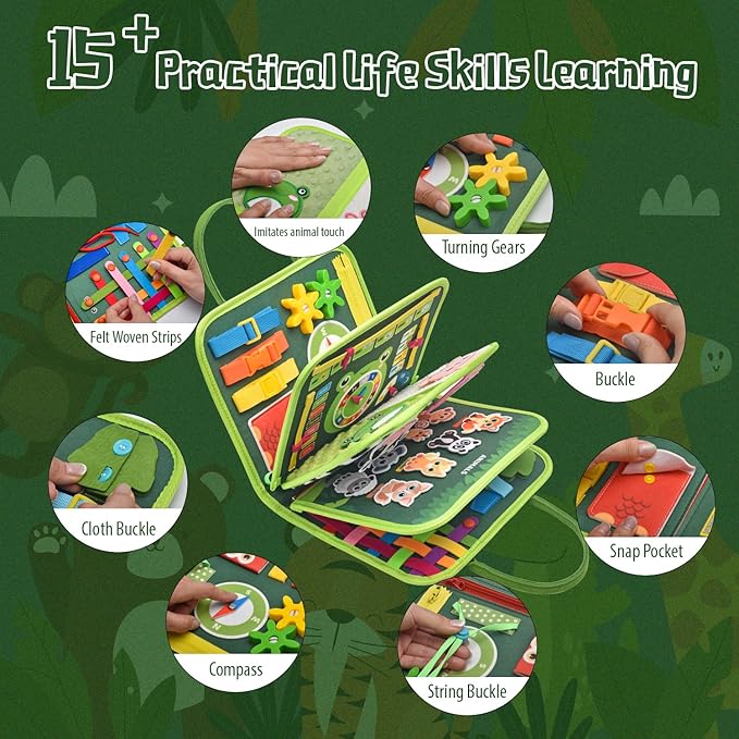 Toddler Busy Board Montessori Toys, Sensory Board Busy Book, Busy Board for Toddlers 2-4, Preschool Learning Activities with Life, Forest Animals Green, 8 Pages and 2 Pages Sensory Mats