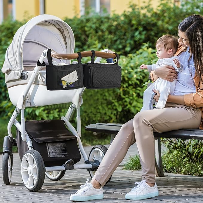 Double Stroller Caddy Organizer with 2 Insulated Cup Holder, Parent Console Fits for BOB Duallie, Jeep, Baby Jogger City Mini GT2 and UPPAbaby, Double Jogging Stroller Accessories