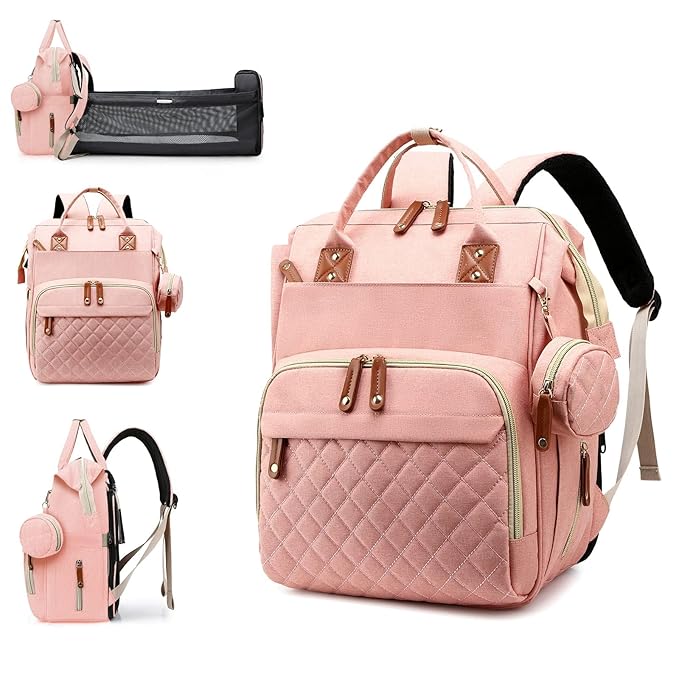 Diaper Bag with Changing Station, Waterproof Baby Bags for Boys & Girls, USB Charging Port for Parents, Must-Have Baby Essentials & Lovely Baby Shower Gifts, Pink