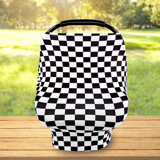 TANOFAR Car Seat Cover for Baby, Multi-Use Cover Carseat Canopy, High Stretchy & Breathable Infant Carseat Cover, Shower Gifts for Unisex Boys and Girls (Black Checkered)