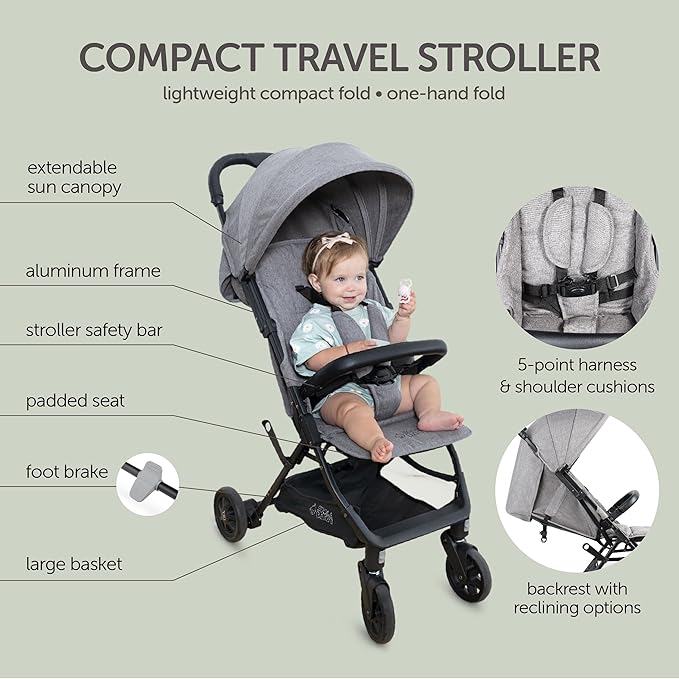 Lightweight Travel Stroller for Baby & Toddlers - Easy Fold & Compact Stroller with Canopy, Storage Basket, Multi-Position Recline & Convenient One-Hand Fold (Grey)