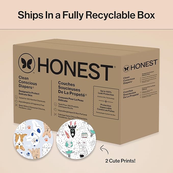The Honest Company Clean Conscious Diapers for Delicate Skin | Up to 100% Leakproof | Hypoallergenic, Fragrance Free | Gender Neutral | Super Club Box, Size 3 (16-28 lbs), 120 Count (Prints May Vary)
