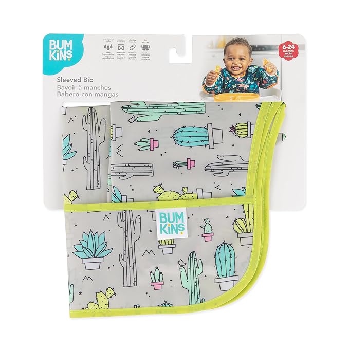 Bumkins Sleeved Bib for Girl or Boy, Baby and Toddler for 6-24 Mos, Essential Must Have for Eating, Feeding, Baby Led Weaning Supplies, Long Sleeve Mess Saving Food Catcher, Soft Fabric, Cactus Green