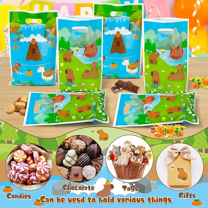 Capybara Party Favor Bags - 50Pcs Capybara Patterns Goody Candy Treat Gifts Bags, Cute Animals Themed Party Favors Supplies Decorations for Kids Boys Girls Birthday Baby Shower Animals Events