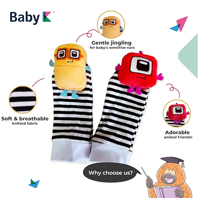 BABY K Foot Finder Socks & Wrist Rattles (Set L) - Newborn Toys for Baby Boy or Girl - Brain Development Infant Toys - Hand and Foot Rattles Suitable for 0-3, 3-6, 6-12 Months Babies
