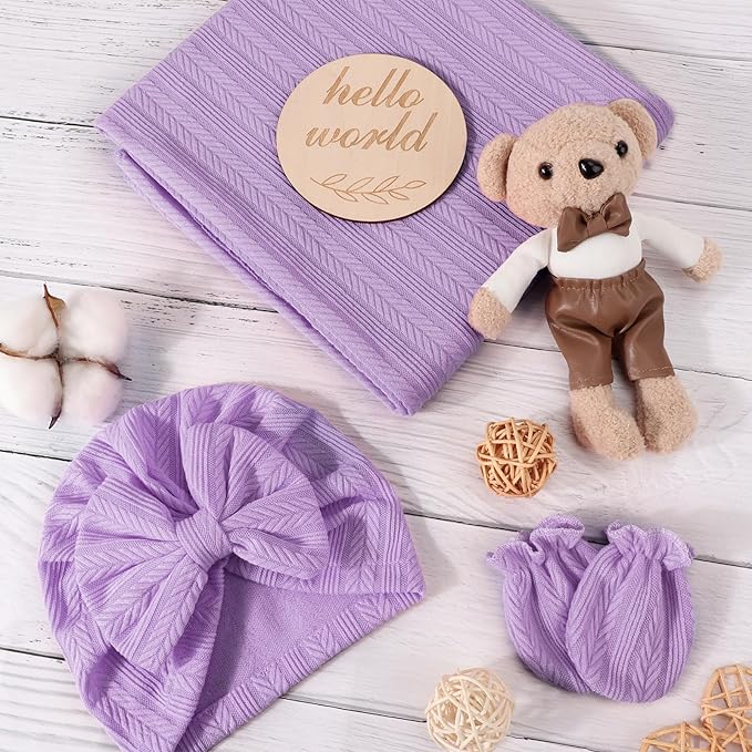 Newborn Receiving Blanket with Bow Hat Mittens Wooden Card Set Wheat-Pattern Newborns Toddler Baby Boy Girl Nursery Swaddle Wrap