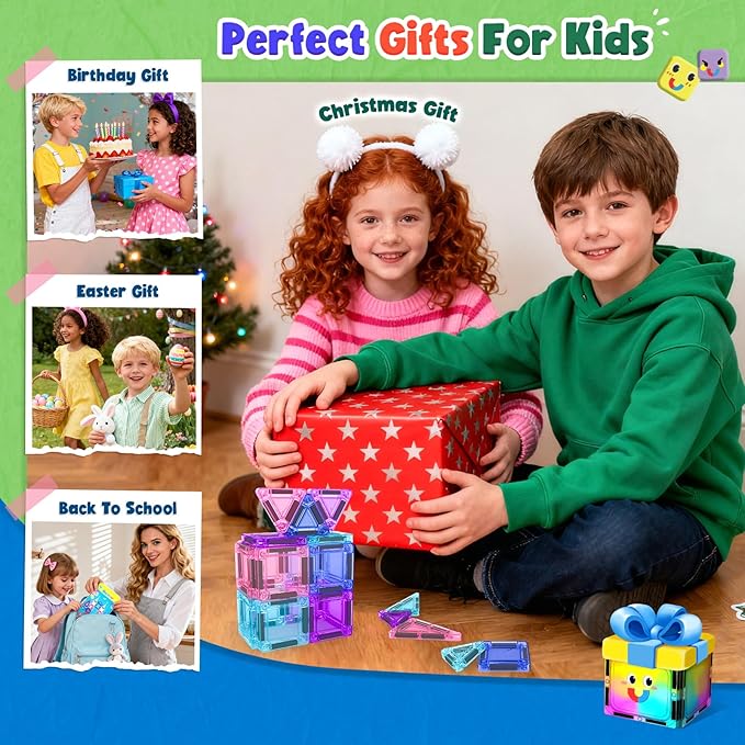 Magnetic Tiles Toddler Toys Travel Essential Games Magnet Building Blocks STEM Sensory Educational Toys for 3 4 5 6 7 8+ Year Old Boys Girls Christmas Birthday Gifts