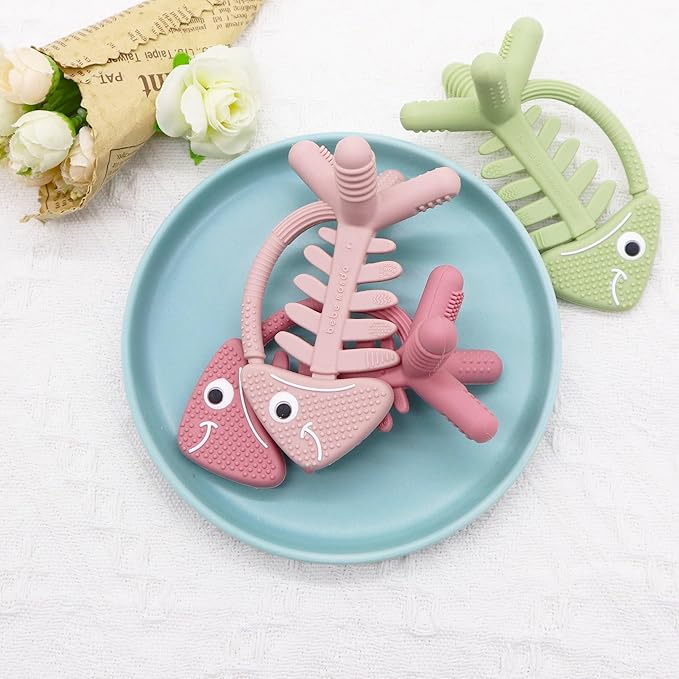 3in1 Infant Toys, Teething Toys 3-6 6-12 Months, Teethers for Babies 3-6-12 Months, for Teething Relief, Baby Gift, Silicone,Sensory, Baby Toys 0-6 Months,USA Patent Pending,Fish,(Pink)