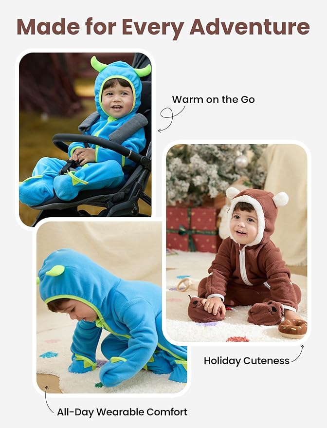 PATPAT Fleece Hooded Footed Romper Clothes, Soft Warm Footie Covers, Car Seat Friendly, Easy Zip, Cute Boy Girl