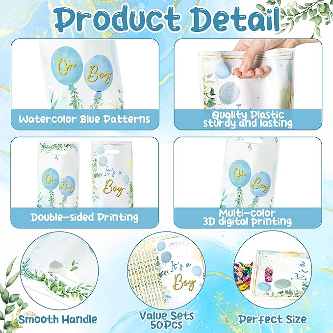 Baby Shower Party Favor Bags - 50Pcs Watercolor Blue Greenery Sweet Goody Candy Treat Gifts Bags, It's a Boy Themed Party Decorations for Baby Boys Birthday Gender Reveal Events Supplies