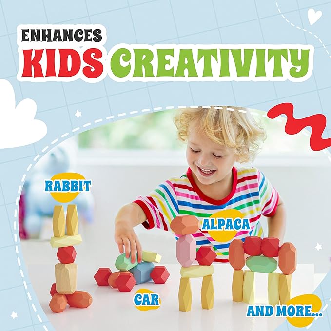 36 Pcs Wooden Stacking Blocks β Montessori Toys for 1 2 3 4 5 6 Year Old Toddlers and Kids, XL Rocks, No Choking Hazard β Sensory STEM Building Stones, for Girls and Boys
