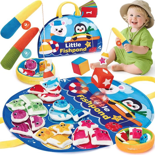 hahaland Montessori Toys for 1 Year Old - Fishing Game for Toddlers 1-3 with Shapes Colors Learning Mat, Dices, Fish, 2 Poles, Cards, 1 Year Old Educational Toys Stocking Stuffers Toddler Games Ages 2