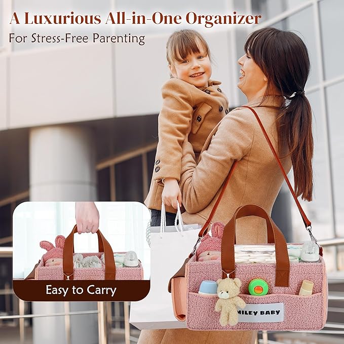 SMILEY BABY Nappy Caddy Organizer, Newborn Essentials & Car Diaper Caddy, Portable Nursery Storage Basket with Detachable Compartments, Baby Shower Gifts and Registry Must Haves for Boy or Girl