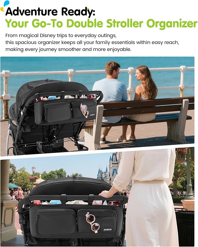 Double Stroller Organizer with 11 Compartment for Bob Duallie, Baby Jogger City Mini GT2, Double Jogging Stroller Caddy, Jeep, Zoe Stroller Accessories with 2 Insulated Pocket, Parent Console